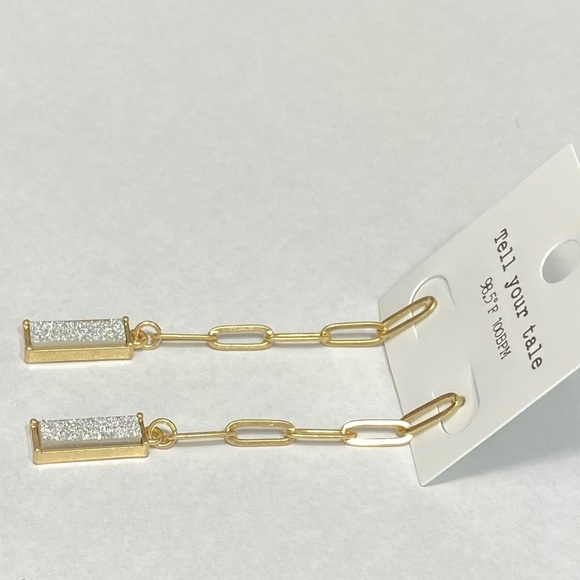 SILVER DRUZY & GOLD METAL CHAIN LINK 2.5” DANGLE POST EARRINGS - Picture 3 of 3